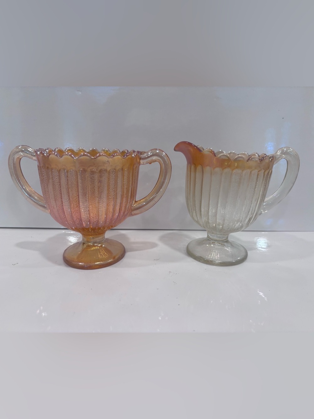 Iridescent Carnival Glass Creamer and Sugar Set - Pink/Gold